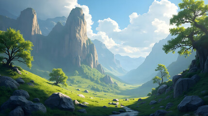 Serene Mountain Valley Landscape with Lush Green Hills, Towering Cliffs, and a Winding Stream under a Bright Blue Sky.