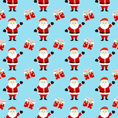 Seamless Cute Santa Claus Pattern Vector. Happy Father Christmas Character and Gift Box on Light Blue Background for Kids.
