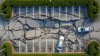 Cracked Parking Lot with Cars from Aerial View