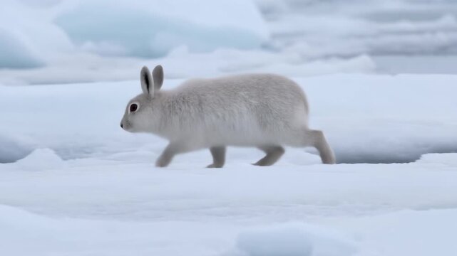An arctic hare with white fur walking across a frozen landscape of ice and snow in its natural habitat.