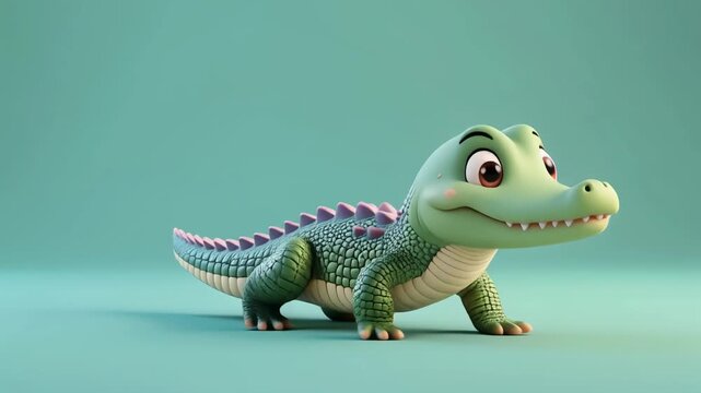 A cute, friendly cartoon baby alligator with big eyes and a smile, rendered in 3D on a plain teal background.