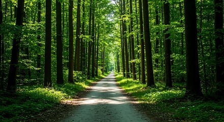 Obraz premium Serene Forest Path with Sunlight Filtering Through Trees