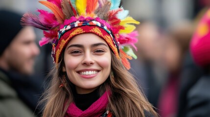 Fototapeta premium Vibrant Young Woman Smiling with Colorful Feathered Headdress in Crowd