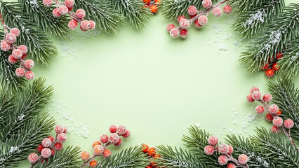 Festive Decoration, Christmas Berries and Pine, Flat Lay Style, Holiday Background, Green Surface, Natural Elements, Seasonal Concept