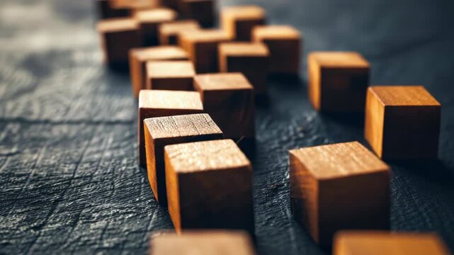 Wooden blocks falling on dark surface, creating domino effect