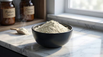 Bowl of powder with wooden scoop on marble countertop bowl