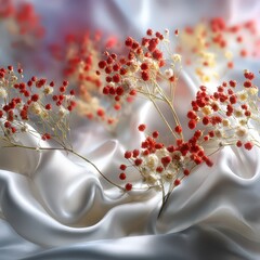 Delicate White Satin Fabric Draped With Tiny Red And White Flowers Soft Light