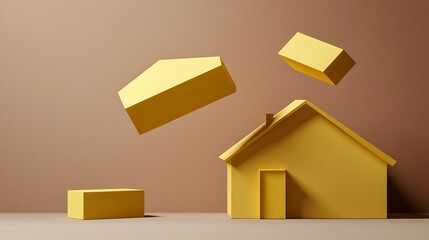 Conceptual Structure Showing a Fragmented House Made of Yellow Geometric Slabs Floating In Diagonal Arrangement Over Clean Brown Background
