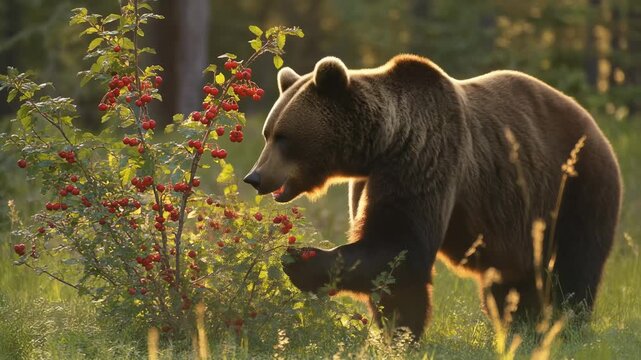 Brown bear foraging for berries in sun-drenched forest meadow at golden hour wild animal nature scene