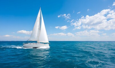Obraz premium a sailboat with white sails sailing on the blue sea, with bright sunshine and white clouds in the sky