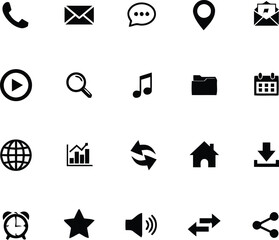 icons, web, app, interface, design, symbol, graphic, illustration, technology, communication, media, navigation, clock, star, sound, arrows, download, music, folder, calendar, play button, search, glo