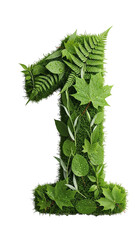 Green number one formed from lush leaves and moss, symbolizing nature and growth.