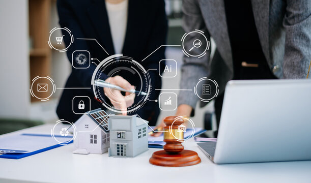 Modern digital real estate contract with agent, property model, legal consultation, smart agreement icons, and technology