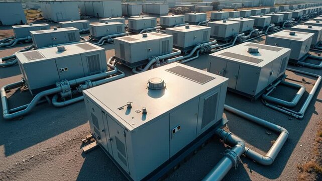 Aerial orbit view of backup diesel generator farm at data center facility, industrial power supply redundancy and technology infrastructure security system.