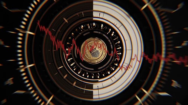 Abstract digital representation of financial market data with a central coin motif.