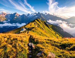Sunny mountain vista with grassy ridge, high peaks, and some clouds
