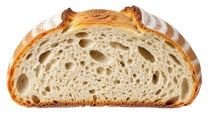 Artisan sourdough bread with a rustic crust and airy crumb, sliced in half for a delicious texture view.