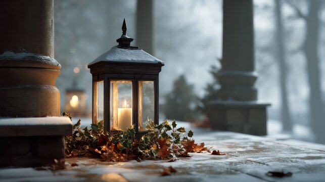 A snow dusted outdoor lantern on a stone porch scattered holly leaves around its base soft morning haze - Powered by Adobe