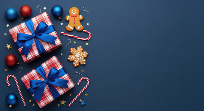 Christmas gifts gingerbread cookies and ornaments on dark blue background presents - Powered by Adobe