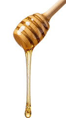 Golden honey drips slowly from a wooden dipper, symbolizing sweetness and natural goodness.