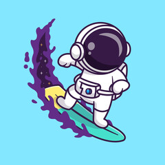 Cute Astronaut Surfing On Space Wave Cartoon