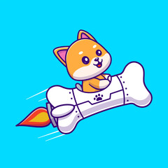 Cute Shiba Inu Dog Riding Bone Rocket Cartoon