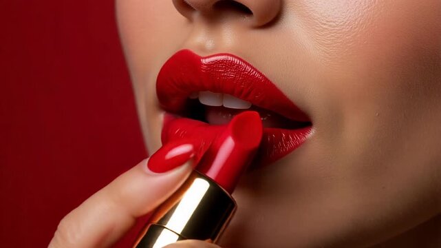 Extreme close up of woman applying red lipstick to lips from gold tube, beauty makeup application and elegant fashion cosmetic concept with sharp focus.