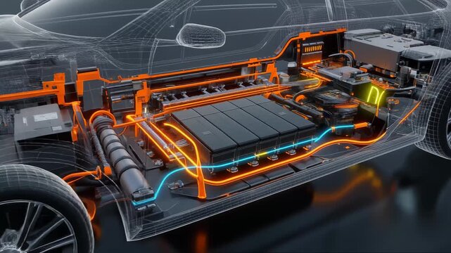 Electric car internal structure battery system wiring schematic animation transparent wireframe model glowing orange and blue energy flow