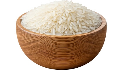 Abundant uncooked white rice piled high in a rustic wooden bowl, a staple food ingredient.
