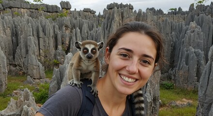 Smiling woman takes selfie with ring-tailed lemur on her shoulder in Madagascar. Tourist adventure in unique landscape of Tsingy de Bemaraha National Park