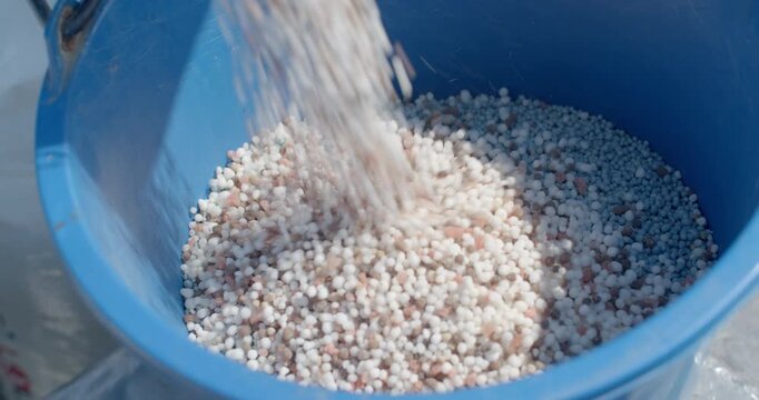 Two types of fertilizer are mixed together in a container before application, ensuring balanced nutrients for crop growth.