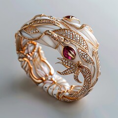 Luxurious floral gold bracelet with gemstones on a transparent background