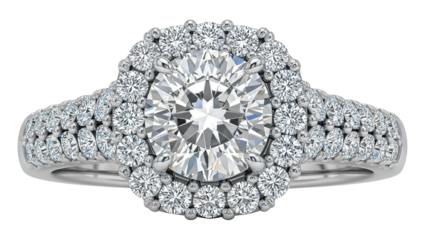 Sparkling diamond engagement ring adorned with a brilliant halo and pave band, symbolizing love and commitment.