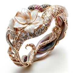 Luxurious gold bracelet with floral and snake designs on a transparent background