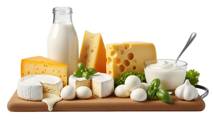 Delicious assortment of fresh dairy products including cheese, milk, and yogurt on a wooden board