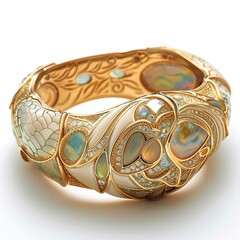 Luxurious gold bracelet with opal and diamond accents on a transparent background