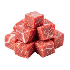 Pile of fresh, raw beef cubes for cooking, isolated on white background