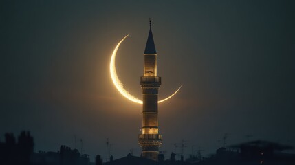 Crescent moon rising behind silhouetted mosque minaret subtle fog softening edges warm ambient light accentuating architectural contours perfectly