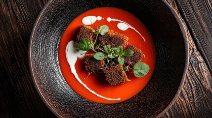 Gourmet Tomato Soup with Seared Toppings and Cream Swirl Garnished with Fresh Herbs on a Textured Dark Plate