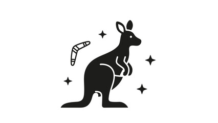 A black silhouette of a kangaroo with a joey and a boomerang, surrounded by stars, representing Australia.