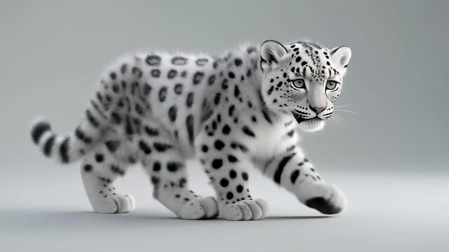 An adorable snow leopard cub with striking black spots on a white coat walks gracefully on a light grey background.