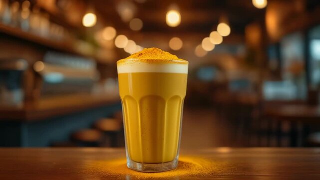 A vibrant golden turmeric latte with a frothy top, sprinkled with spice, sitting on a wooden counter in a warmly lit cafe.