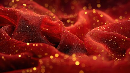 Luxurious Red Fabric With Golden Glitter Sparkles And Bokeh Effect Soft Light
