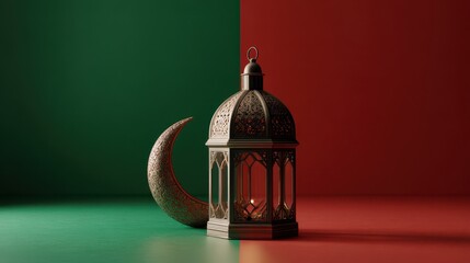 Metallic Lantern And Crescent Moon On Divided Green And Red Background Festive Display
