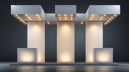 Modern White Exhibition Stand With Spotlights And Frosted Cubes On Wet Floor