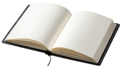 Blank open notebook isolated on transparent background high resolution PNG style clean white pages perfect for digital cutout mockups stationery design layouts and creative planning concepts