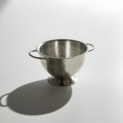 Metal colander on white background