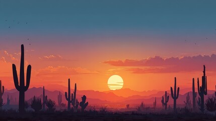 Pixelated Desert Sunset with Silhouette of Cacti and Golden Sunlight in Sky