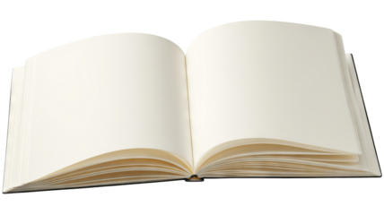 Blank open notebook isolated on transparent background high resolution PNG style clean white pages perfect for digital cutout mockups stationery design layouts and creative planning concepts