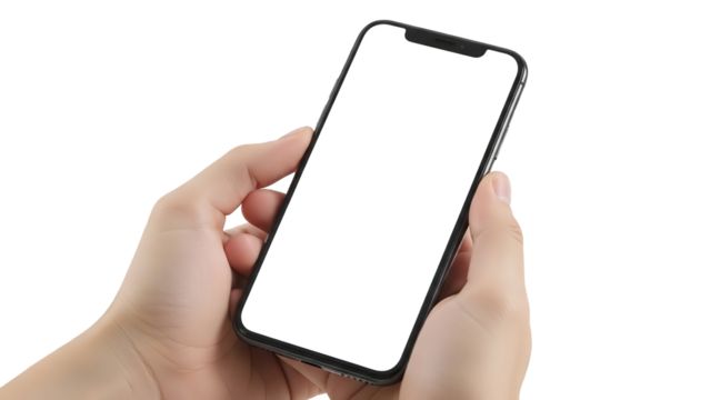 Close up of hands holding a modern smartphone with a blank white screen, ready for content. - Powered by Adobe